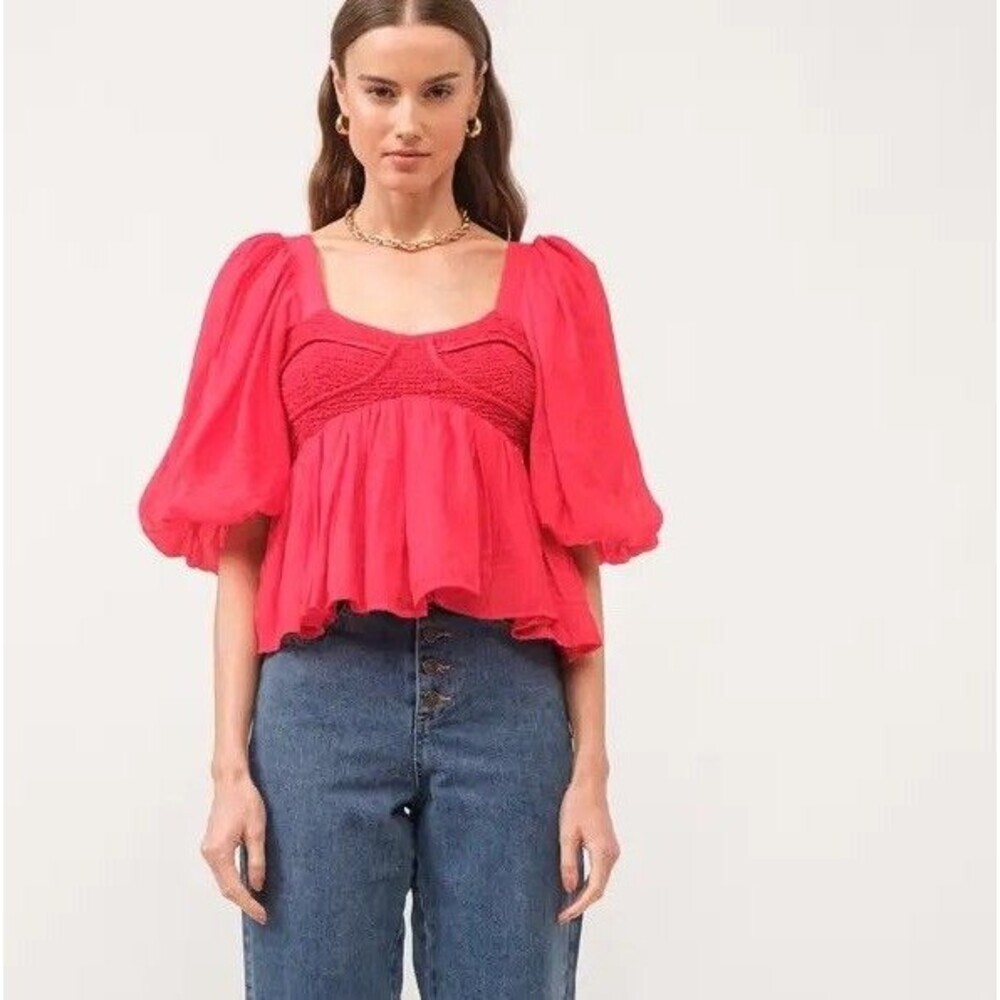 Sofie the label Red Puff Sleeve Smocked Ruffle Cropped Top Square Neck Size S